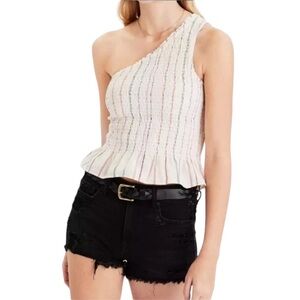 American Eagle Women’s Cream Striped Linen Blend Smocked One Shoulder Tank Top M